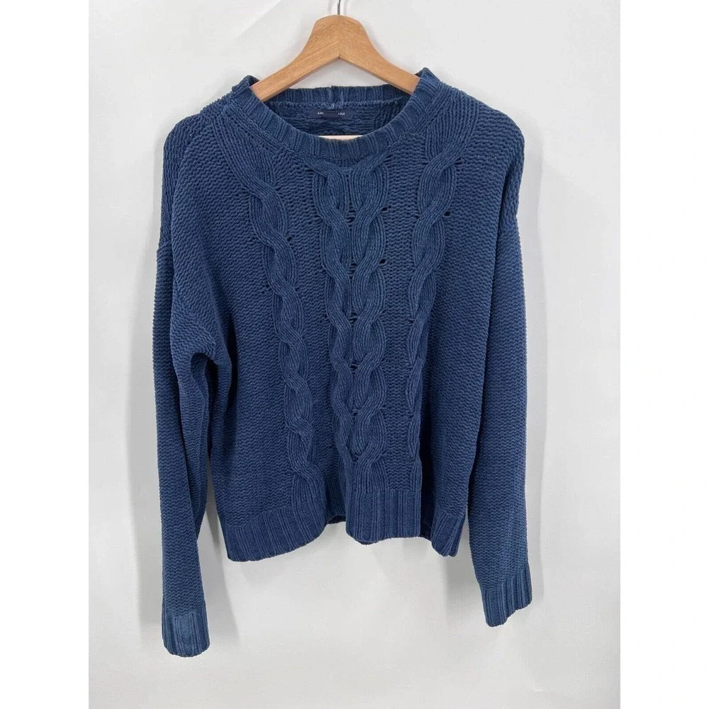American Eagle Pullover Sweater Chunky Cable Knit Navy Blue Crew Neck Womens XS